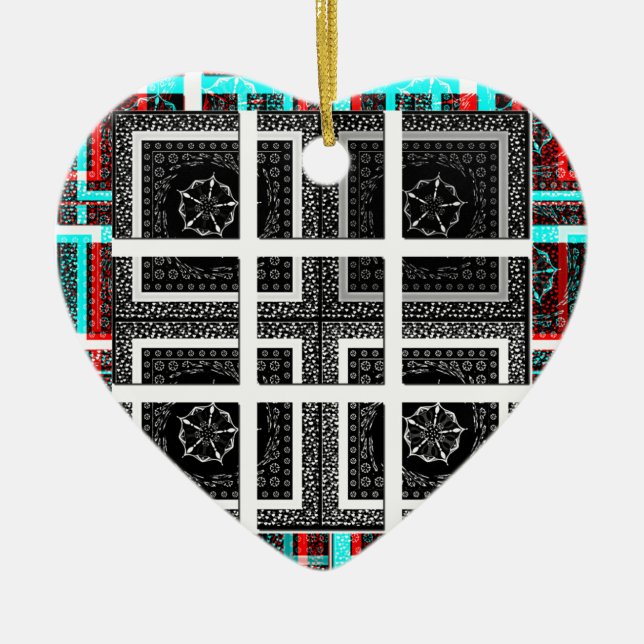 Chic Checkered Black, White & Red Graphics Art Des Ceramic Ornament (Front)