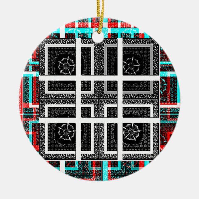 Chic Checkered Black, White & Red Graphics Art Des Ceramic Ornament (Front)
