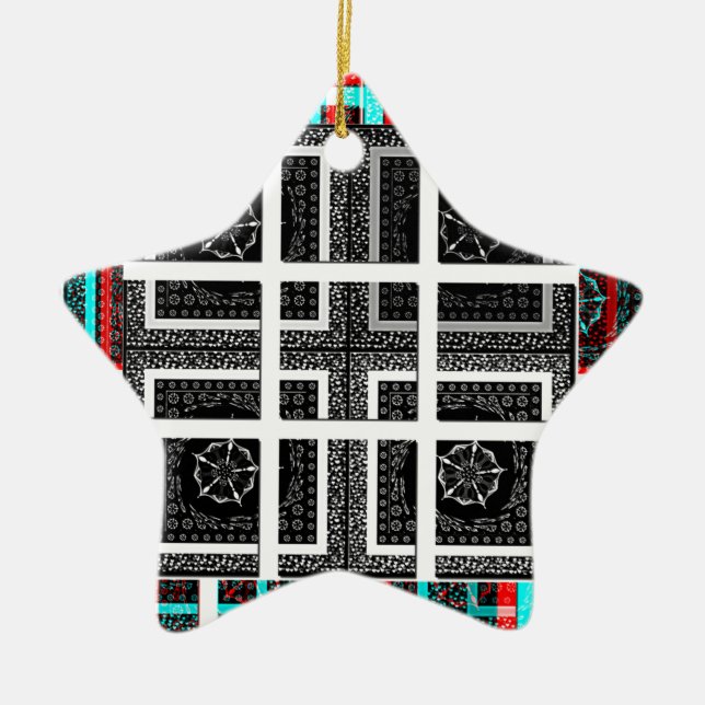 Chic Checkered Black, White & Red Graphics Art Des Ceramic Ornament (Front)