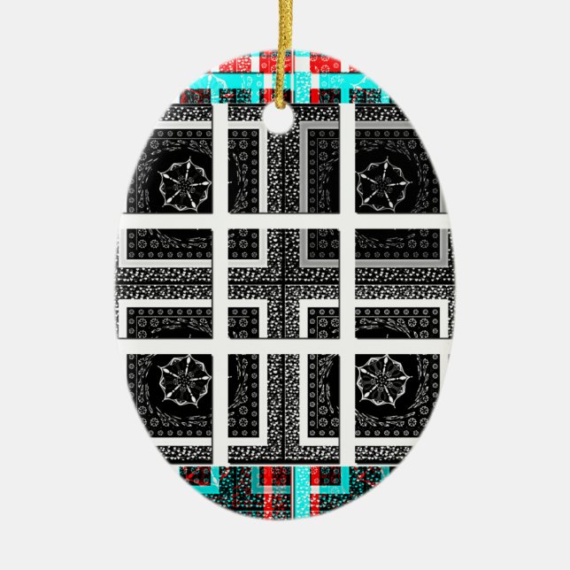Chic Checkered Black, White & Red Graphics Art Des Ceramic Ornament (Front)
