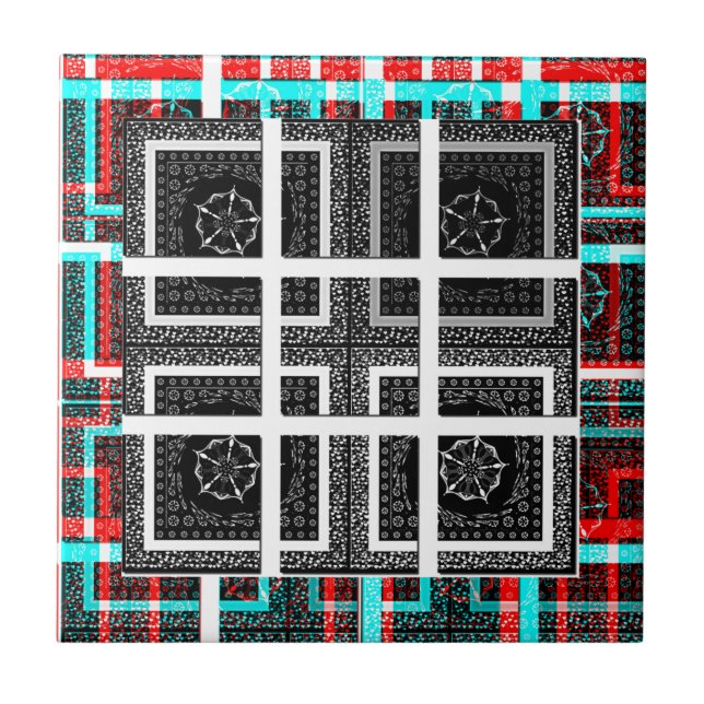 Chic Checkered Black, White & Red Graphics Art Des Ceramic Tile (Front)