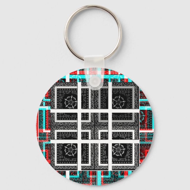 Chic Checkered Black, White & Red Graphics Art Des Keychain (Front)