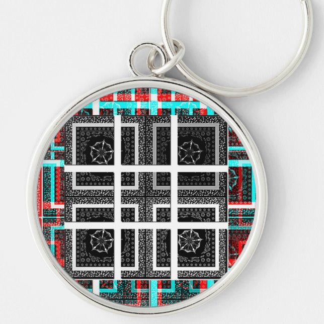 Chic Checkered Black, White & Red Graphics Art Des Keychain (Front)