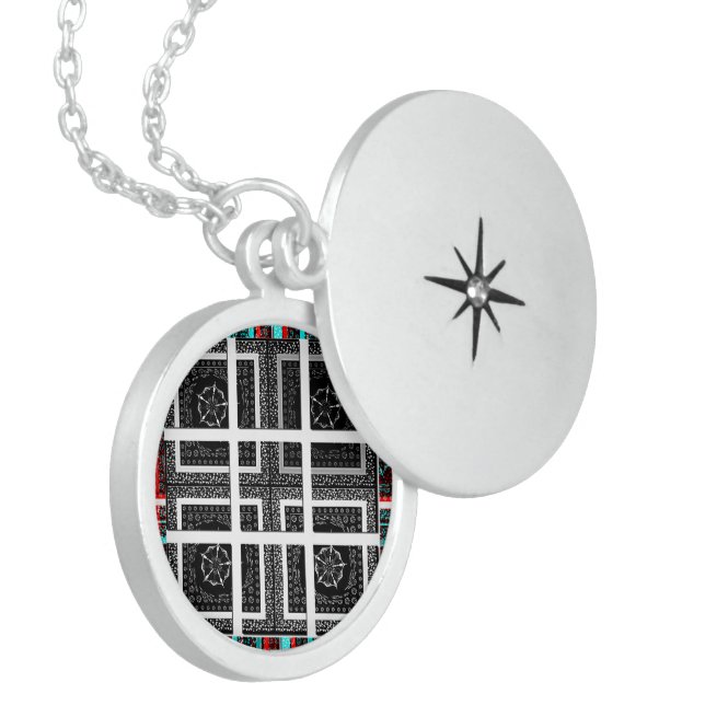 Chic Checkered Black, White & Red Graphics Art Des Locket Necklace (Front Left)