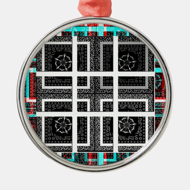 Chic Checkered Black, White & Red Graphics Art Des Metal Ornament (Front)