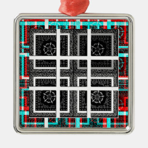 Chic Checkered Black, White & Red Graphics Art Des Metal Ornament