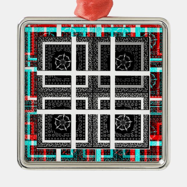 Chic Checkered Black, White & Red Graphics Art Des Metal Ornament (Front)