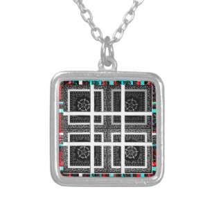 Chic Checkered Black, White & Red Graphics Art Des Silver Plated Necklace