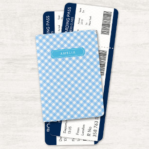 Chic Checkered Gingham Baby Blue Monogram Passport Holder