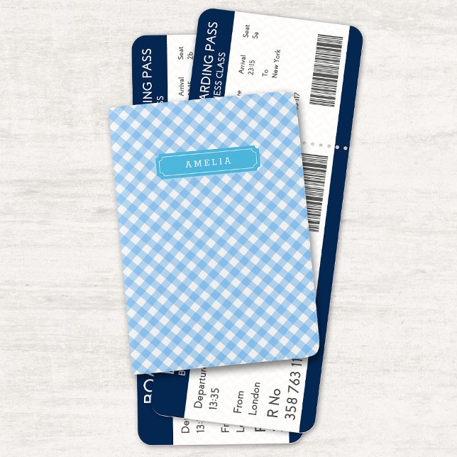 Chic Checkered Gingham Baby Blue Monogram Passport Holder (Creator Uploaded)