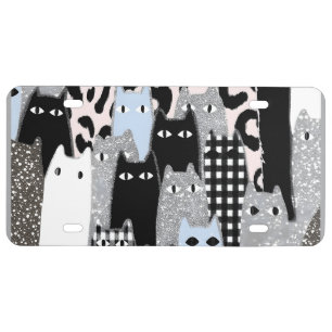 Chic Checkered & Gingham Cat Pattern Patchwork Des License Plate