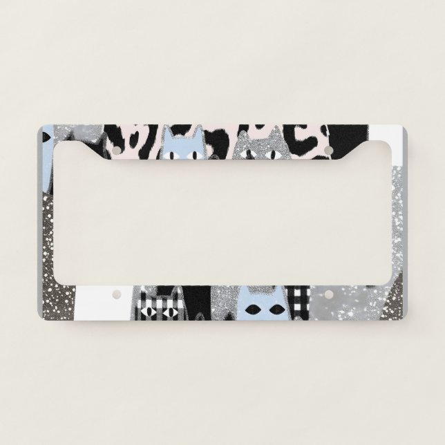 Chic Checkered & Gingham Cat Pattern Patchwork Des License Plate Frame (Front)