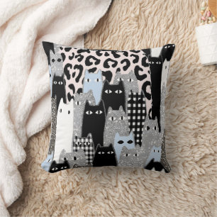 Chic Checkered & Gingham Cat Pattern Patchwork Des Throw Pillow
