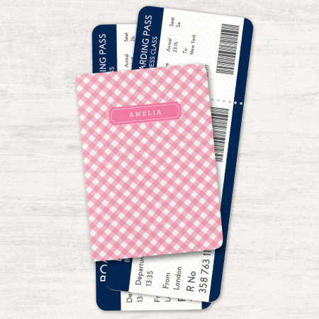 Chic Checkered Gingham Pink Monogram Passport Holder