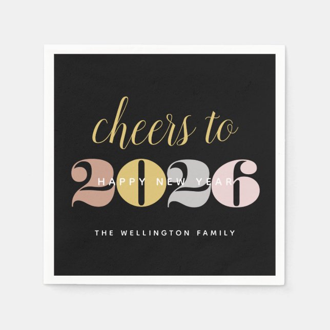 Chic Cheers to 2022 Black Gold New Year's Paper Napkins (Front)