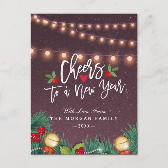 Chic Cheers to New Year Script String Lights Photo Holiday Postcard (Front)