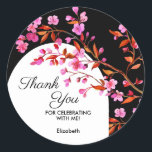 Chic Cherry Blossom Sakura Black White Birthday  Classic Round Sticker<br><div class="desc">Elegant cherry blossom flower and white arch frame with vibrant typography on a black background birthday thank you sticker.
All text can be customized.</div>