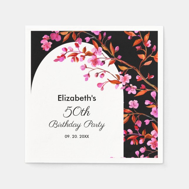 Chic Cherry Blossom Sakura Black White Birthday  Napkins (Front)