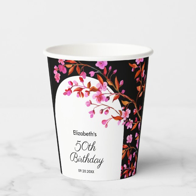 Chic Cherry Blossom Sakura Black White Birthday  Paper Cups (Back)