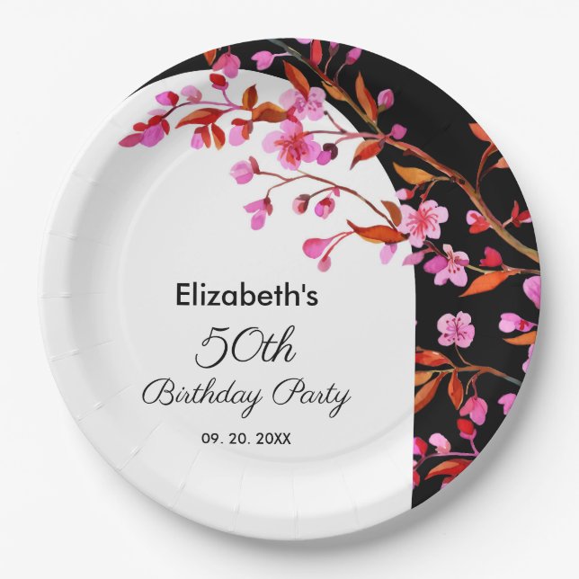 Chic Cherry Blossom Sakura Black White Birthday  Paper Plates (Front)