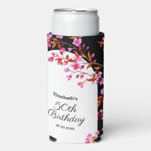 Chic Cherry Blossom Sakura Black White Birthday  Seltzer Can Cooler