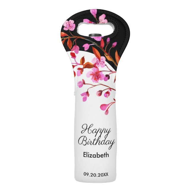 Chic Cherry Blossom Sakura Black White Birthday  Wine Bag (Front)