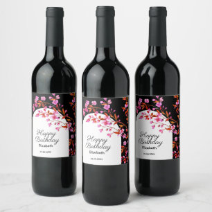 Chic Cherry Blossom Sakura Black White Birthday Wine Label