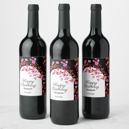 Chic Cherry Blossom Sakura Black White Birthday  Wine Label