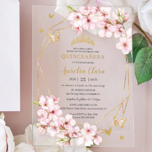 Chic Cherry Blossoms Floral Quinceañera Sweet 16 Acrylic Invitations