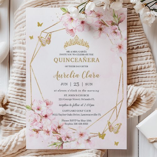 Chic Cherry Blossoms Floral Quinceaera Sweet 16 Invitation