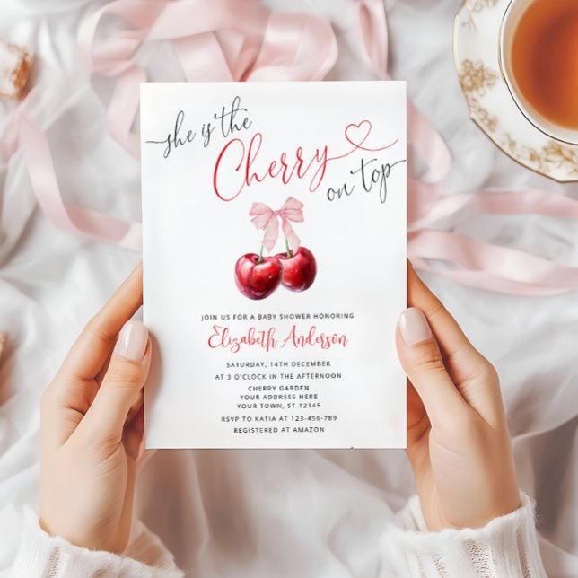 Chic Cherry on Top Coquette Baby Shower Invitation (Creator Uploaded)