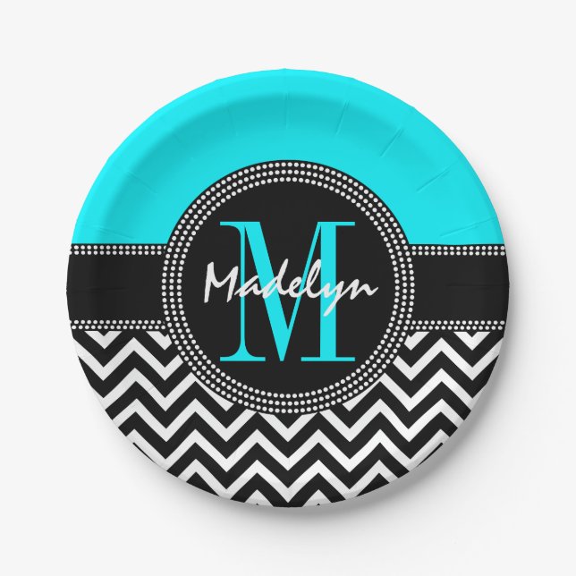 Chic Chevron Bright Aqua Birthday Monogram Paper Plates (Front)