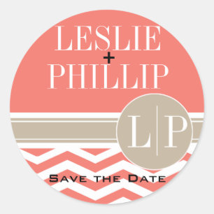 Chic Chevron Monogram coral Classic Round Sticker