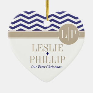 Chic Chevron Monogram navy Ceramic Ornament
