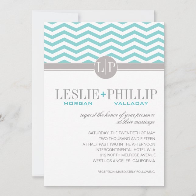Chic Chevron Monogram | teal Wedding Invitation (Front)