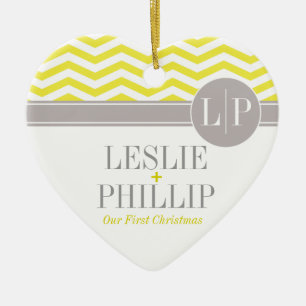 Chic Chevron Monogram yellow Ceramic Ornament