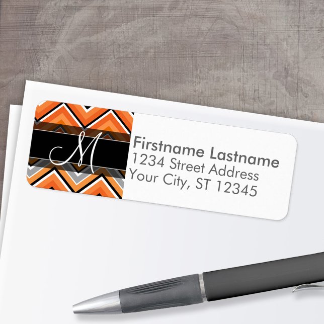 Chic Chevron Pattern Black Gray Orange Monogram Label (Custom Return Address Labels - Low Minimum)