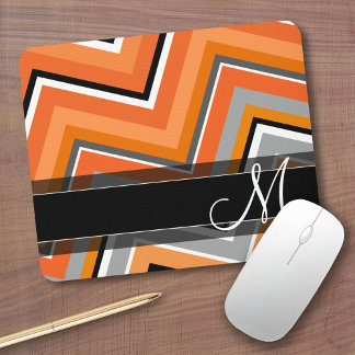 Chic Chevron Pattern Black Gray Orange Monogram Mouse Pad