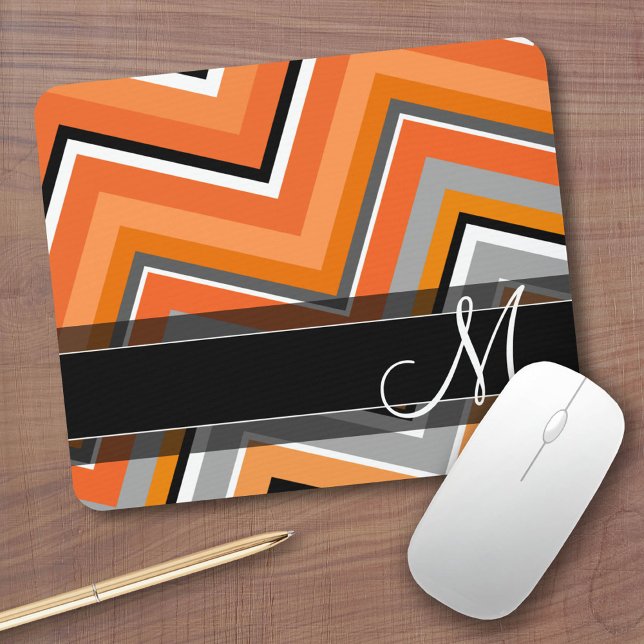 Chic Chevron Pattern Black Gray Orange Monogram Mouse Pad (Custom Mousepad)