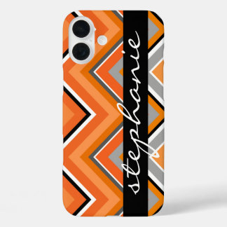 Chic Chevron Pattern Black Gray Orange script Name iPhone 16 Plus Case