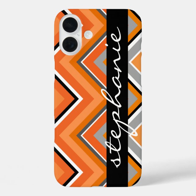 Chic Chevron Pattern Black Gray Orange script Name Case-Mate iPhone Case (Back)