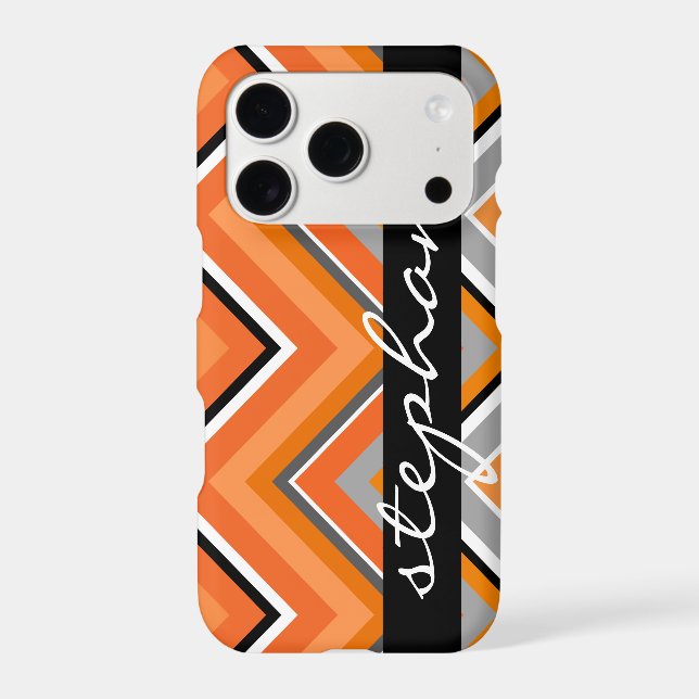 Chic Chevron Pattern Black Gray Orange script Name Iphone Case (Back)