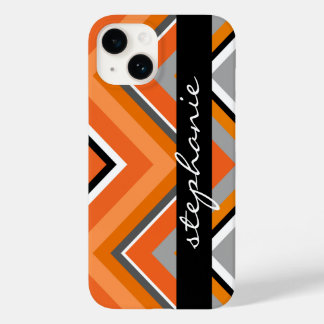 Chic Chevron Pattern Black Gray Orange with Name Case-Mate iPhone 14 Case