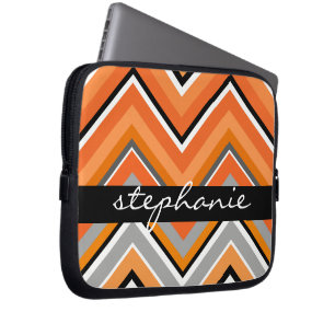 Chic Chevron Pattern Black Gray Orange with Name Laptop Sleeve