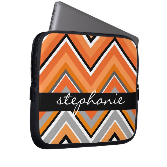 Chic Chevron Pattern Black Gray Orange with Name Laptop Sleeve (Front Right)