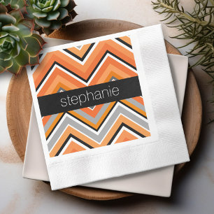 Chic Chevron Pattern Black Gray Orange with Name Paper Napkins
