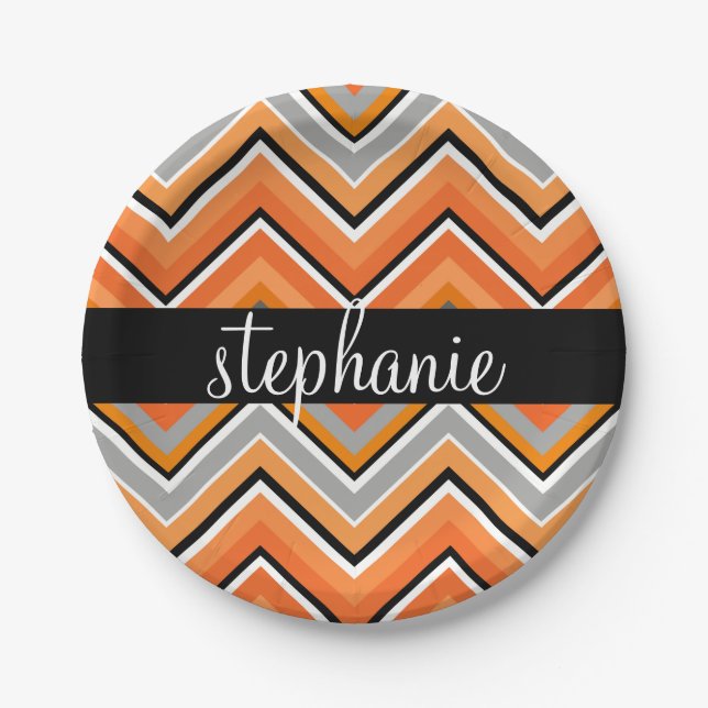 Chic Chevron Pattern Black Gray Orange with Name Paper Plates (Front)