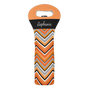 Chic Chevron Pattern Black Gray Orange with Name Wine Bag