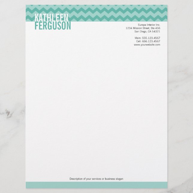 Chic chevron pattern teal blue two tone stylish letterhead (Front)