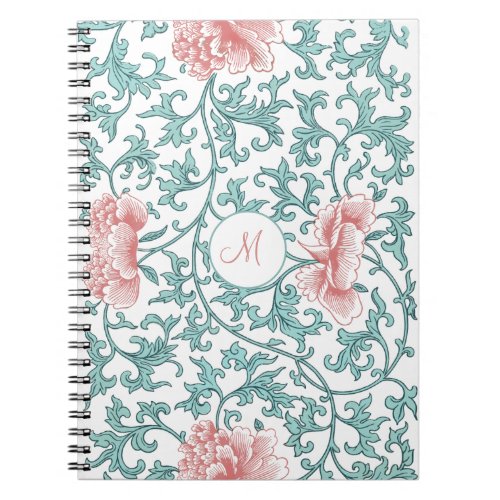 Chic Chinoiserie Peach  Teal Floral Monogram Notebook